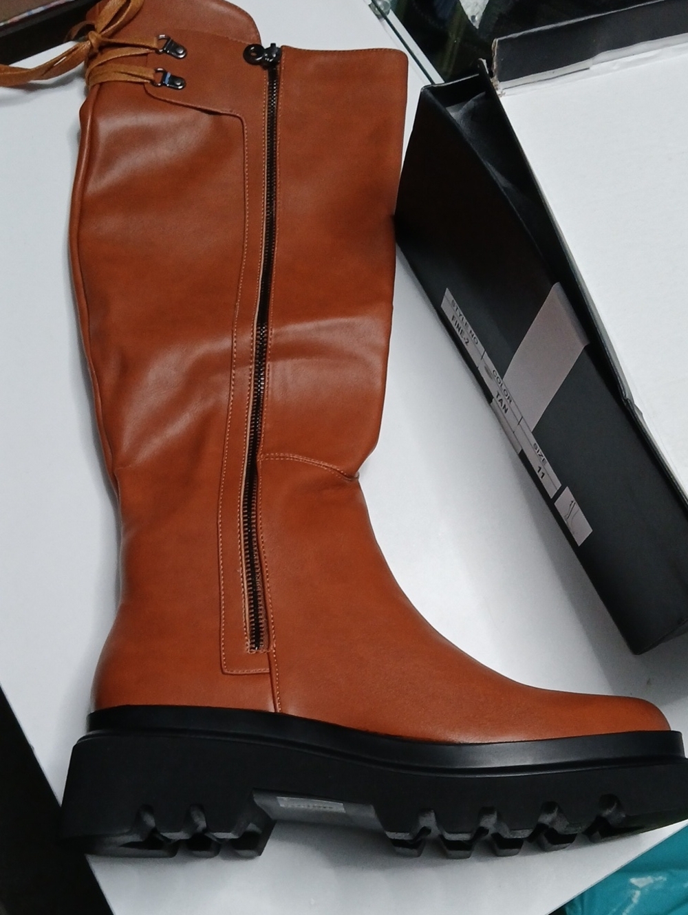 Women's Tall Lug-Sole Boot in Tan Leather-Look